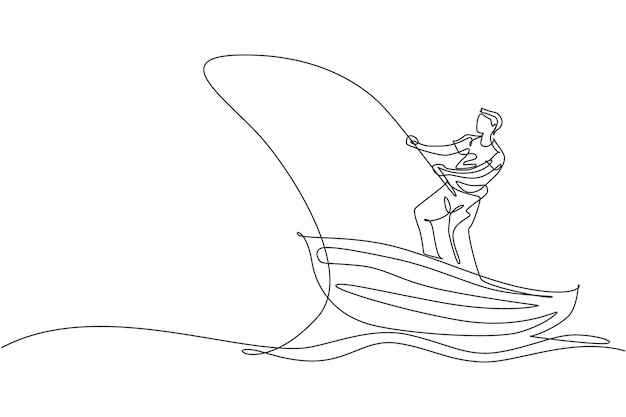 Un dibujo de línea continua de un joven pescador de pie y pescando en el lago desde el barco de madera