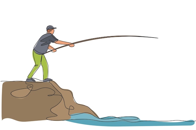 Un dibujo de línea continua de un joven pescador de pie y pescando en un vector de colina de tierra del lado del lago