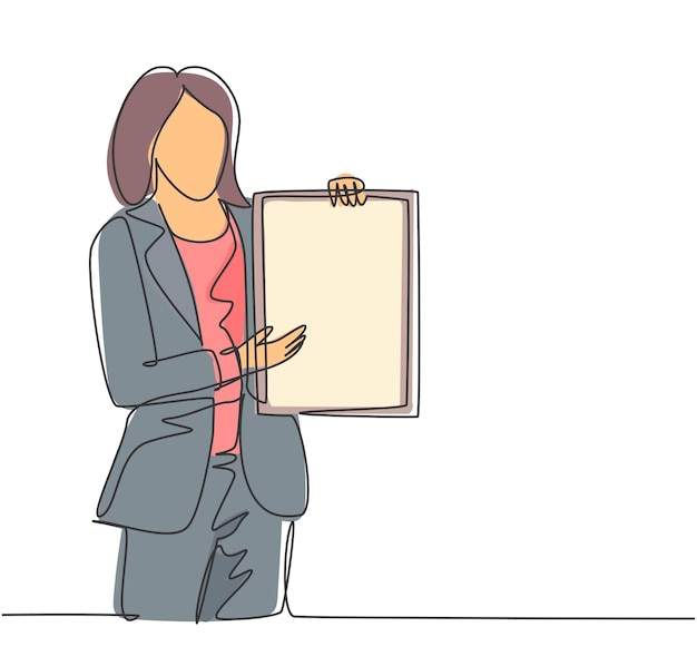 Dibujo de línea continua de una joven presentadora que presenta el lanzamiento de un nuevo producto usando una tableta