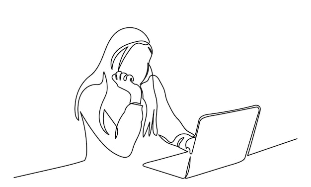 dibujo de línea continua de una joven profesional usando una computadora portátil