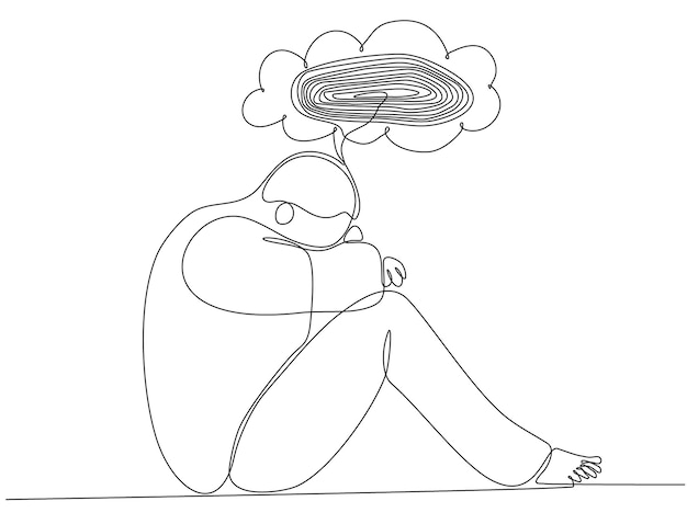 Dibujo de línea continua de un joven que se siente triste y sufre de depresión vector premium