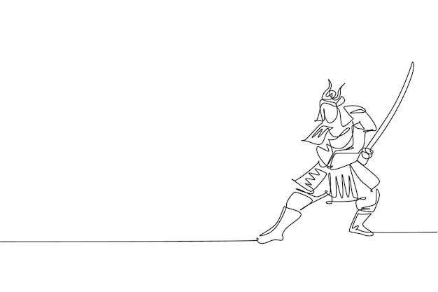 Un dibujo de línea continua de un joven shogun samurai valiente con una máscara lista para atacar en el dojo