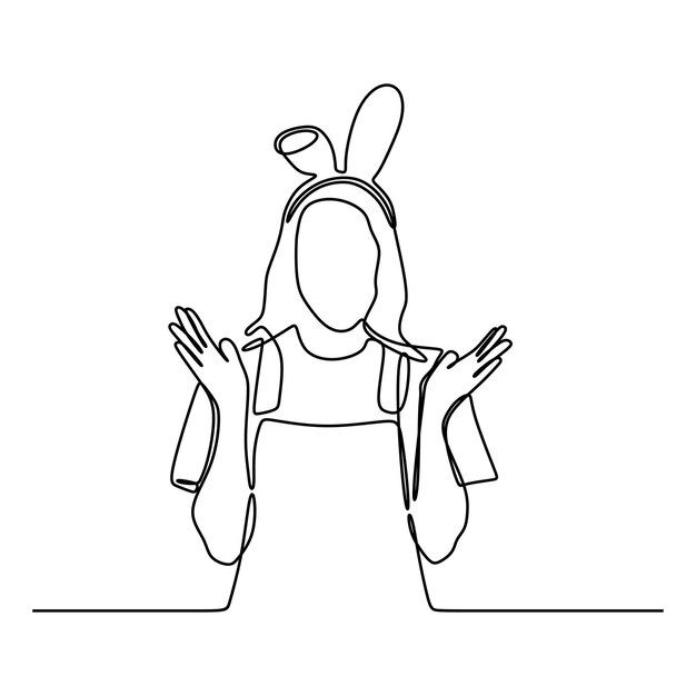 dibujo de línea continua de una joven sorprendida y encantada con traje de conejo