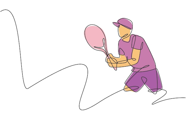 Un dibujo de línea continua de un joven tenista concentrándose para esperar la pelota del oponente