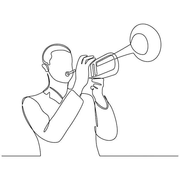 dibujo de línea continua de un joven tocando una trompeta aislado en un vector de fondo blanco