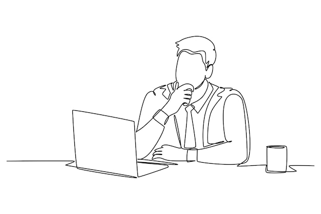 Dibujo de línea continua joven trabajador masculino sentado y pensando seriamente frente a la pantalla de la computadora en la oficina Concepto de enfoque de trabajo Dibujo dinámico de una línea diseño gráfico ilustración vectorial