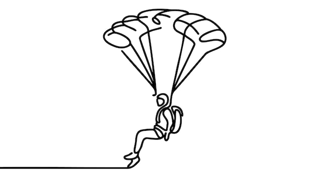 Un dibujo de línea continua de un joven valiente volando en el cielo usando un paracaídas de parapente