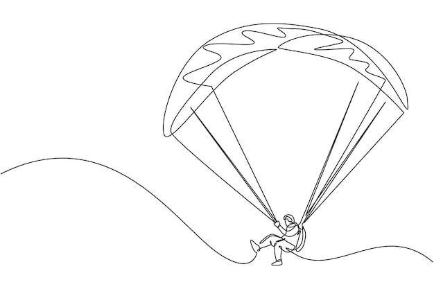 Un dibujo de línea continua de un joven volando en el cielo usando un vector deportivo de parapente