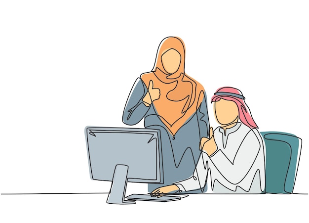 Un dibujo de línea continua de jóvenes empleados musulmanes y empleadas hacen gestos con el pulgar hacia arriba