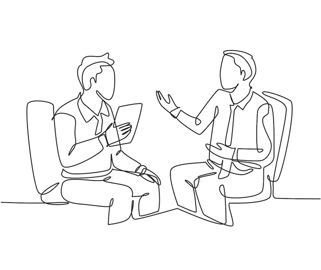 Un dibujo de línea continua de jóvenes empresarios discutiendo sobre un nuevo proyecto con un colega