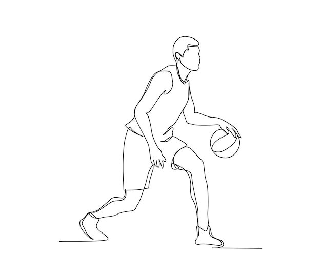 Dibujo de línea continua del jugador de baloncesto en acción Arte de línea simple de jugador de baloncesto con trazo activo Concepto de floristería