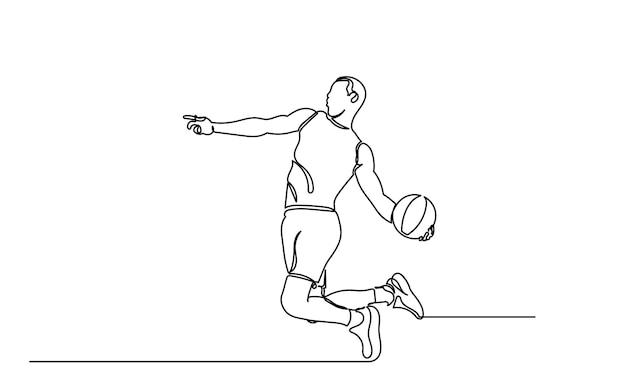 Dibujo de línea continua de jugador de baloncesto masculinoSingleline Joven jugador de basketball masculino atlético