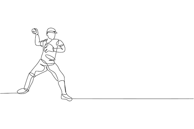 Un dibujo de línea continua de un jugador de béisbol deportivo practicando para lanzar la pelota Vector de diseño