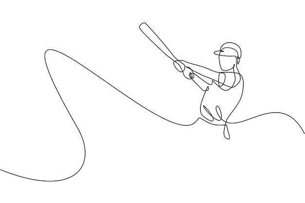 Un dibujo de línea continua de un jugador de béisbol deportivo practicando seriamente en el vector de diseño de arena