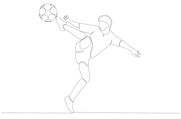 Dibujo de línea continua del jugador de fútbol masculino pateando la pelota vector premium