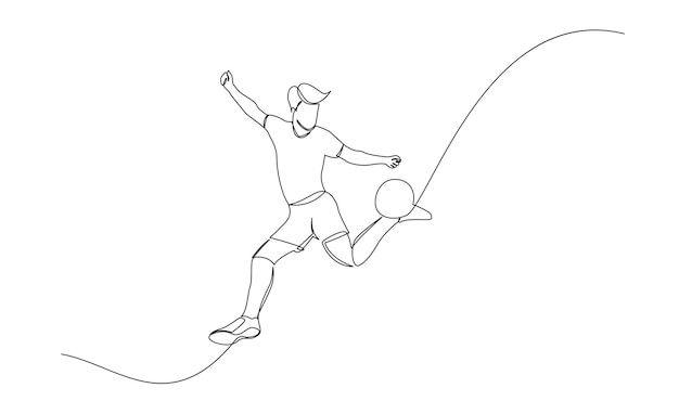 Dibujo en línea continua de un jugador de fútbol que salta y vuela para patear la pelota Arte de una sola línea de un joven jugando al balón de fútbol