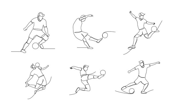 Dibujo en línea continua de un jugador de fútbol que salta y vuela para patear la pelota Arte de una sola línea de un joven jugando al balón de fútbol