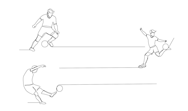 Vector dibujo en línea continua de un jugador de fútbol que salta y vuela para patear la pelota arte de una sola línea de un joven jugando al balón de fútbol
