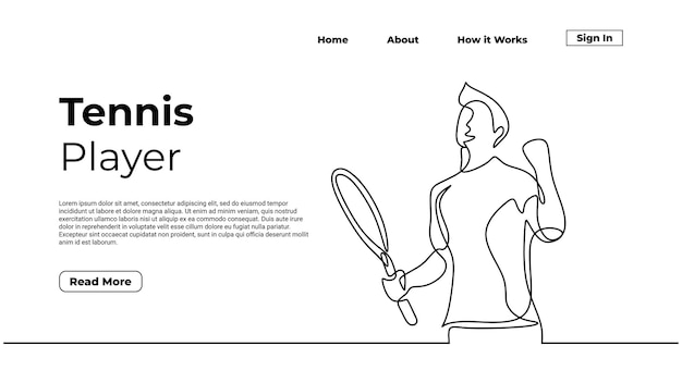 Dibujo de línea continua jugador de tenis arte de línea simple dibujado a mano plantilla de ilustración de vector de concepto de página de destino Web