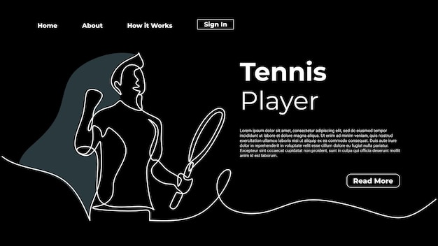 Dibujo de línea continua jugador de tenis ganador concepto deporte juego Atleta celebración una sola mano arte dibujado Plantilla de página de inicio web