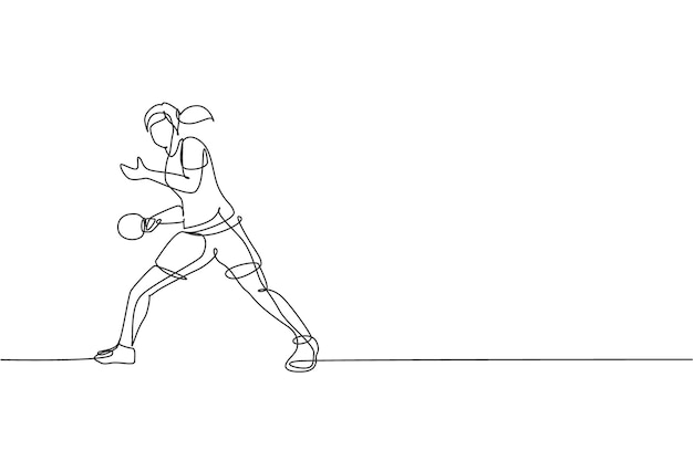 Un dibujo de línea continua de un jugador de tenis de mesa deportivo para recibir una pelota de ping pong deportivo