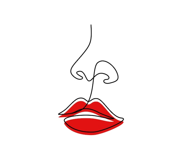 Un dibujo de línea continua de labios con lápiz labial rojo retrato de rostro abstracto de maquillaje en estilo lineal simple icono de símbolo para carteles tarjetas banner plantilla web doodle vector ilustración