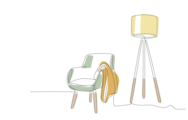 Dibujo de línea continua de lámpara de pie a cuadros de sillón una línea de sala de estar interior acogedora con modo