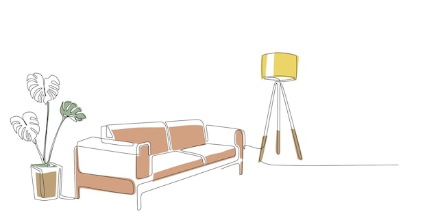 Dibujo de línea continua de lámpara de sofá y planta con formas abstractas de color Interior de una línea Sala de estar con muebles modernos Elemento de una sola línea Contorno de dibujo manual de la ilustración de Doodle interior