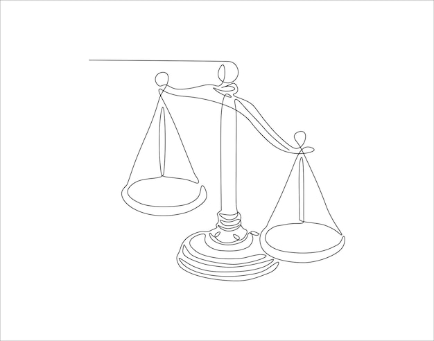 Dibujo de línea continua de la ley Balanza y escala de justicia Una línea de símbolo de igualdad Balanza de escalas Arte de línea continua Esbozo editable