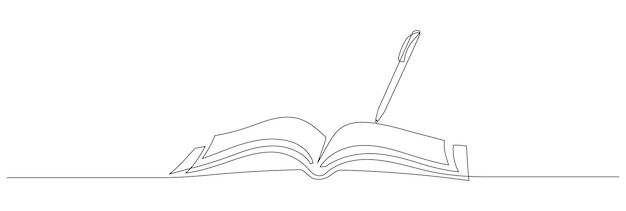 Un dibujo de línea continua de libro abierto con pluma Educación en la escuela y el estudio de la biblioteca