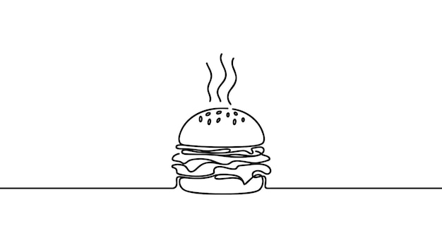 Un dibujo de línea continua del logotipo de un delicioso restaurante americano de hamburguesas