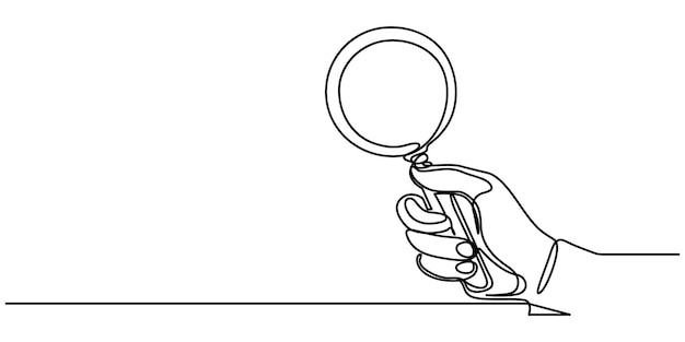 Dibujo de línea continua de lupa Con la mano sosteniendo la lupa Vector de dibujo de línea de arte