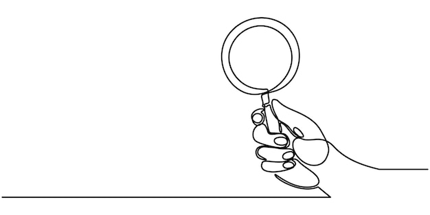 Dibujo de línea continua de lupa Con la mano sosteniendo la lupa Vector de dibujo de línea de arte