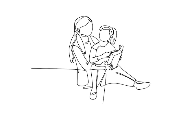 Dibujo de línea continua de una madre enseñando a su hijo a ilustrar Vector Premium