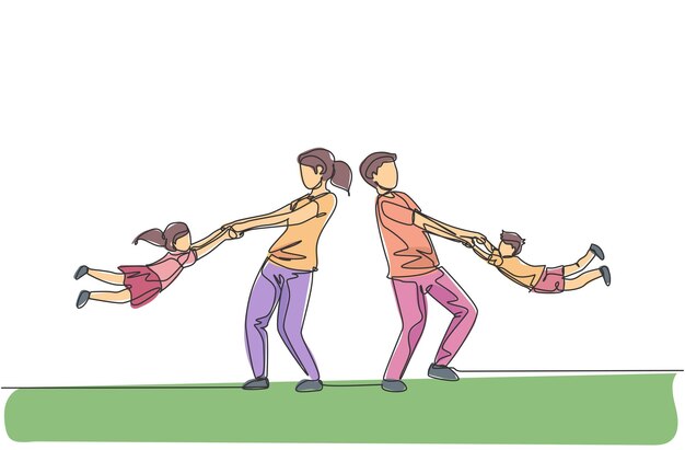 Un dibujo de línea continua de mamá y papá jóvenes juegan juntos con hija e hijo balanceándose vector