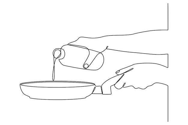 dibujo de línea continua de la mano de un cocinero vertiendo aceite en una sartén sobre un vector de fondo blanco
