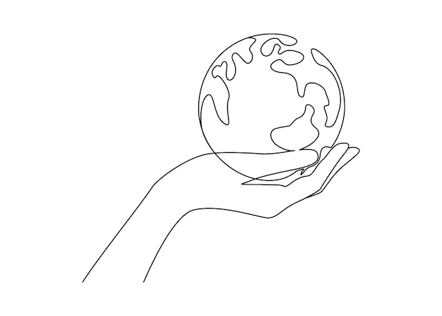 Un dibujo de línea continua de la mano y el globo terrestre cartel del Día Mundial del Medio Ambiente en estilo lineal