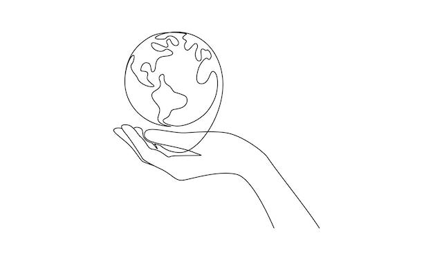 Un dibujo de línea continua de la mano y el globo terrestre cartel del Día Mundial del Medio Ambiente en estilo lineal