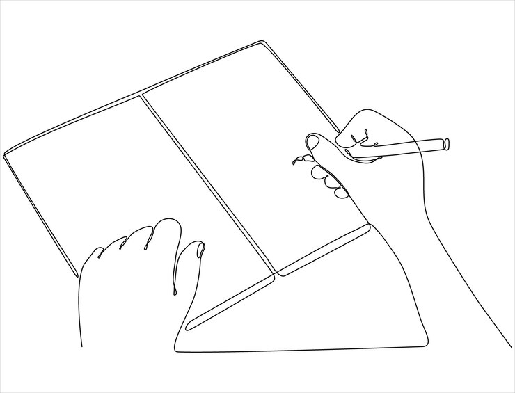 Vector dibujo de línea continua de la mano de un hombre escribiendo algo en un vector de libro premium