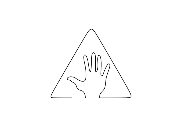Un dibujo de línea continua de la mano humana en el símbolo del triángulo Proteger y cuidar el concepto humano aislado sobre fondo blanco Diseño minimalista de la palma de la mano humana Ilustración vectorial