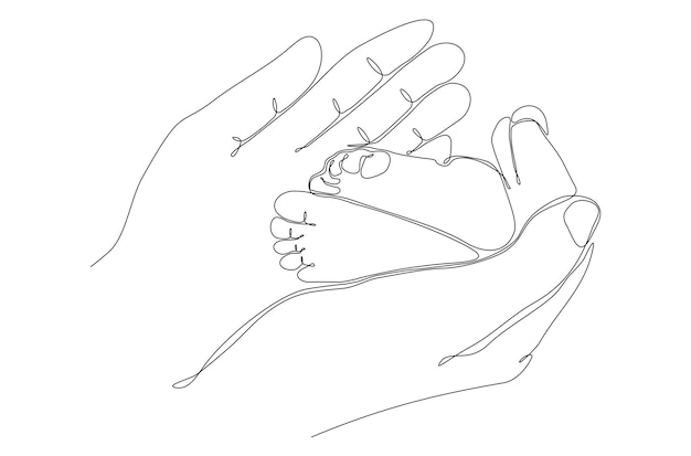 Dibujo de línea continua de la mano de la madre con el concepto de pies de bebé, familia de maternidad