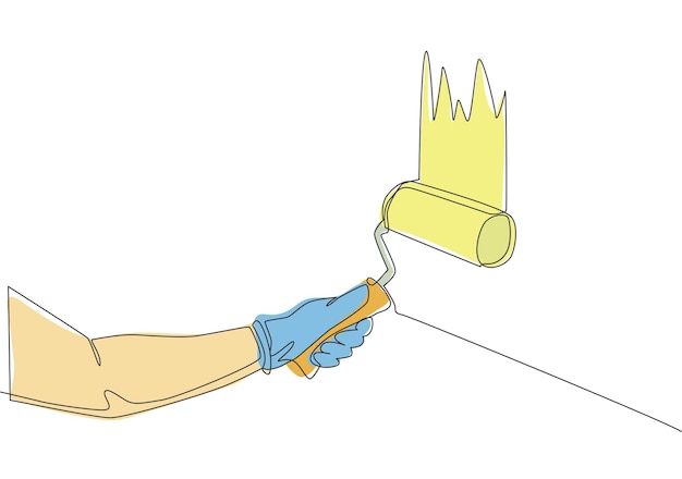 Dibujo de línea continua de la mano del manitas pintando la pared de la casa con rodillo de pintura Servicio de pintor