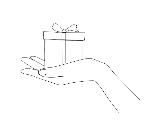 Dibujo de línea continua de la mano que sostiene la caja de regalo Presenta una caja de cartón con una cinta de arte de línea simple con trazo activo Concepto de cumpleaños y acción de gracias de vacaciones