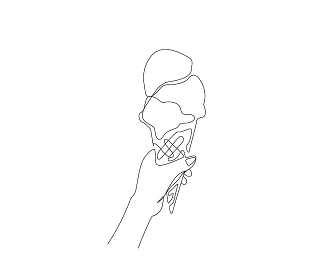 Dibujo de línea continua de la mano que sostiene el cono de helado Cono de helado arte de línea simple con trazo activo