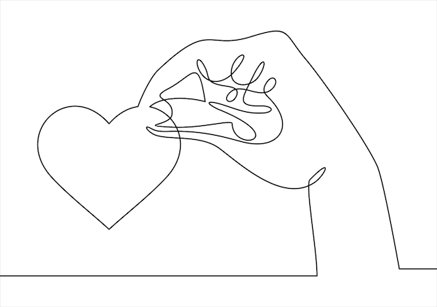 Un dibujo de línea continua de la mano que sostiene la ilustración del corazón.vector