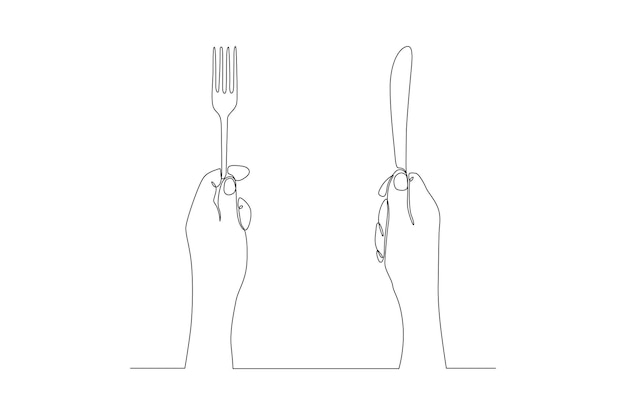 Dibujo de línea continua de una mano sosteniendo un concepto de mesa de comedor de tenedor y cuchillo Vector Premium