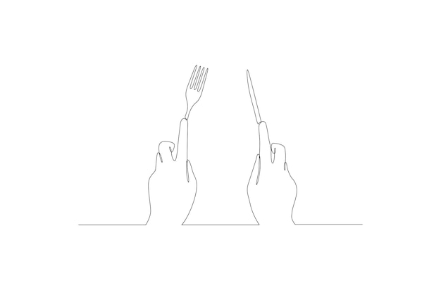 Vector dibujo de línea continua de una mano sosteniendo un concepto de mesa de comedor de tenedor y cuchillo vector premium