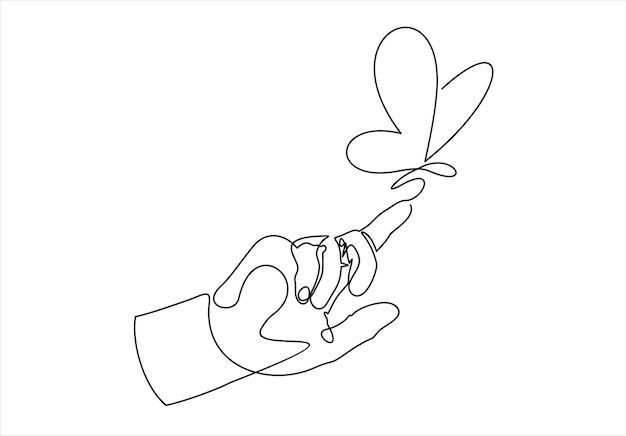 Un dibujo de línea continua de una mano sosteniendo una mariposa
