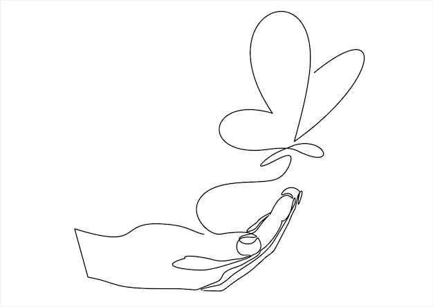 Un dibujo de línea continua de una mano sosteniendo una mariposa