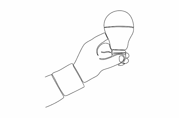 Dibujo de línea continua de manos sosteniendo la bombilla de la lámpara ilustración vectorial vector premium